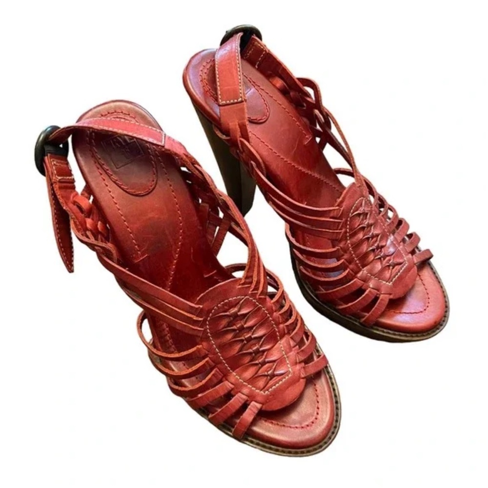 FRYE Women's Brick Red Leather Joy Huarache Sling Back Wood Heels
